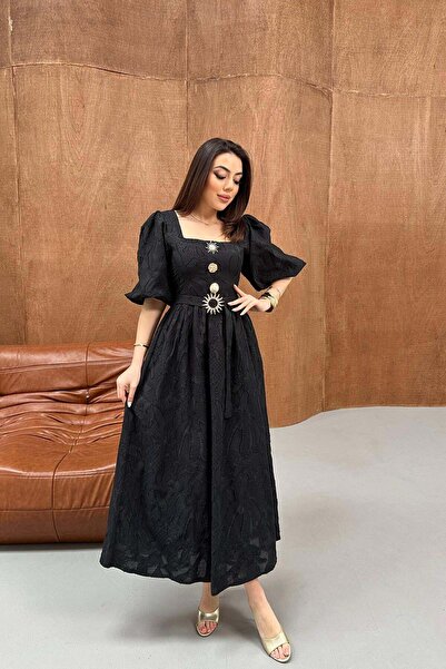 Clothes Fast Women's Black Midi Dress Square Collar Balloon Sleeves Belted Th...