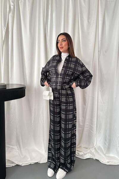 Moda Days طقم نسائي أسود من الأعلى والأسفل، سترة بومبر منقوشة بسحاب، وبنطلون ...
