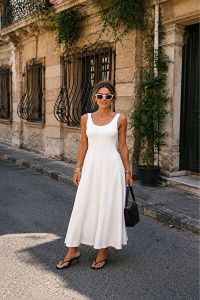 Moda Days فستان نسائي طويل بدون أكمام من قماش الريبانا بلون إكرو وياقة على شك...