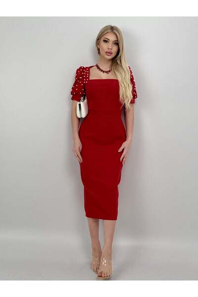 Clothes Fast Women's Red - Red Pearl Detailed Balloon Sleeve Square Neck Midi...