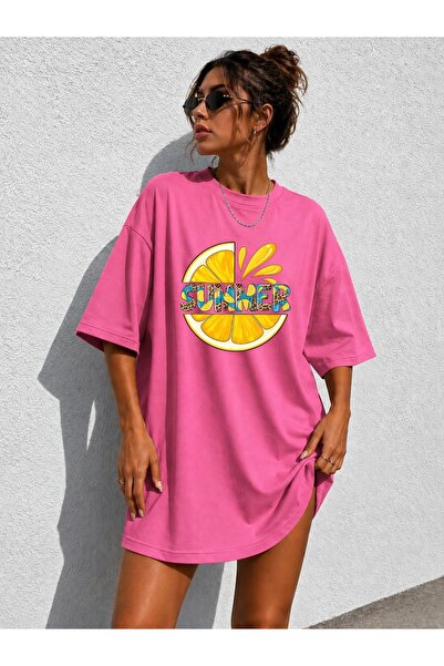 classy moda تي شيرت نسائي طويل جدًا بنقشة الليمون والفهد وطباعة "Summer" بمقا...