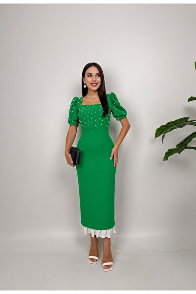 Moda Days فستان ماكسي نسائي باللون الأخضر - مزين باللؤلؤ وياقة مربعة وأكمام ب...