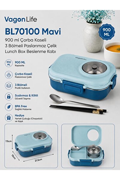 Vagonlife BL70100 صندوق غداء من الفولاذ المقاوم للصدأ باللون الأزرق سعة 900 م...