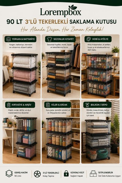 LOREMPBOX 90 Lt 3-Wheel Storage Box Transparent Anthracite |   Large Size Organization and Storage Box with Lockable Lid