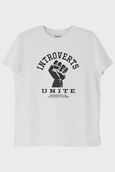lofux Introverts Unite Printed Humorous White T-Shirt