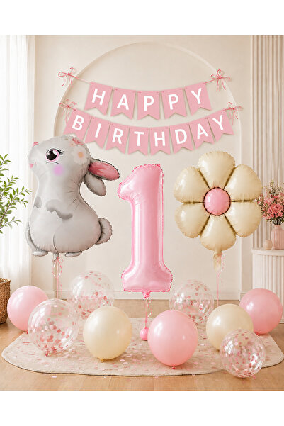 ALYA PARTİ Tavşan Temalı 1 Yaş Doğum Günü Süsleri Seti Pembe Happy Birthday B...