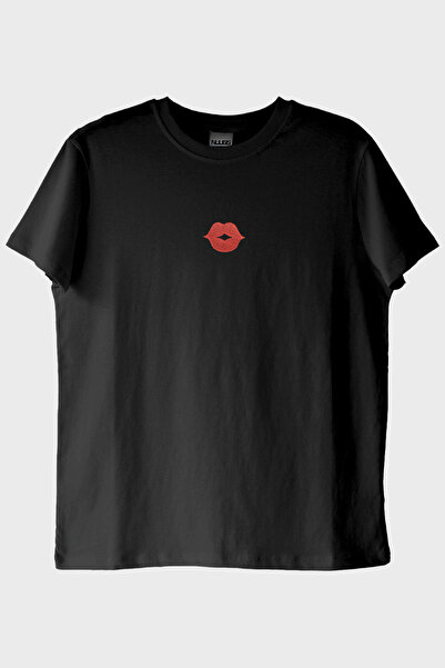 lofux Lip Pattern Embroidery Black T-Shirt - Valentine's Day Couple T-Shirts