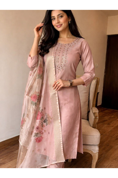 MYSMAR Pink Rayon Slub Embroidered Kurta Set with Chanderi Dupatta - FFT8032 ...