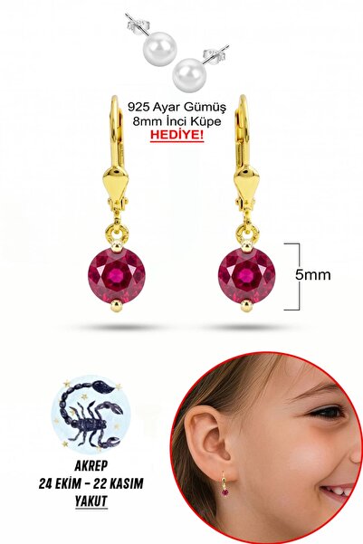 klas gümüş 925 Ayar Gümüş Çocuk Küpesi | 5 mm Yakut Taşlı Sallantılı Küpe | A...