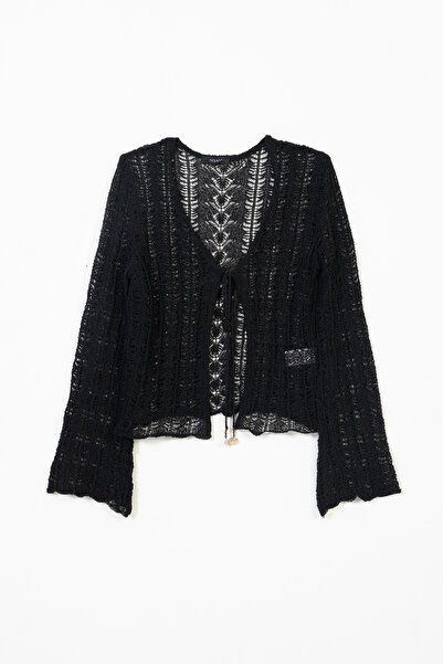 Nisan Beaded Detail Rustic Openwork Cardigan Black