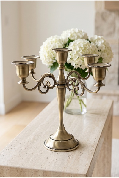 RASHA COLLECTION 5 Kollu Eskitme Gold Şamdan Dekoratif Mumluk