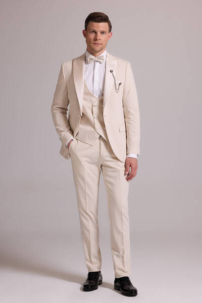 Ysf Erkek Krem Slim Fit Kırlangıç Yaka Yelekli Damatlık