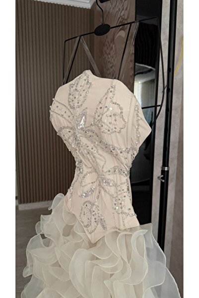 ranin Beige Evening Dress with Barbie Chest, Hand Embroidery, Double Cloche, ...