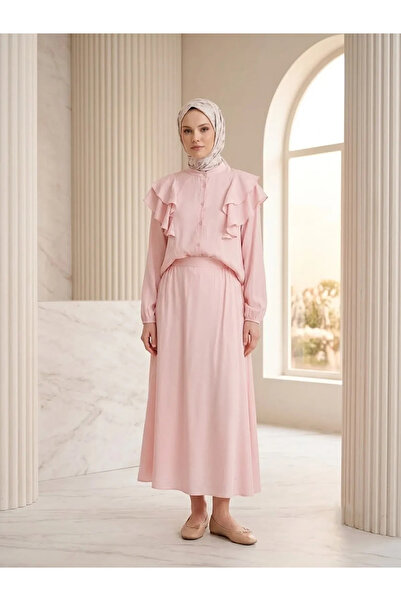 Foremia Shoulder Flounce Skirt Set-Pink
