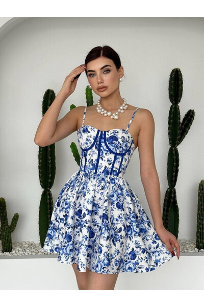 Moda Days فستان نسائي قصير باللونين الأزرق والأبيض بنقشة زهور وحزام على شكل م...