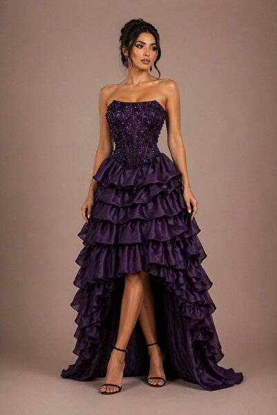 ranin Navy Blue Evening Dress with Double Clouche Embroidery Gazar