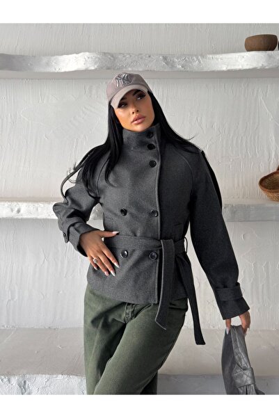 VESS MODA Kadın Kaşe Kısa Trençkot Dik Yakalı Kuşaklı Kısa Kaşe Kaban