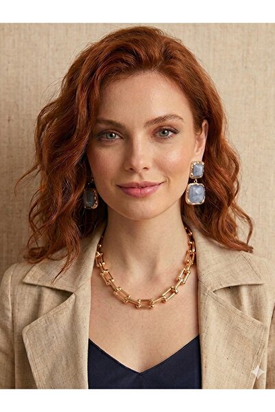 Merjann Accessories Azure Çift Mavi Taşlı Küpe – Gold Detaylı