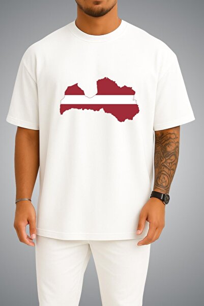 Bahriyeli Collection Oversize Latvia Flag and Map Chest Printed Unisex T-Shirt