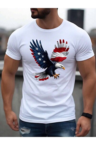 25W Men's White T-Shirt With Patriotic Eagle Graphic Design - USA Flag Inspir...