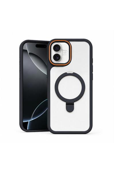 Zebana Apple iPhone 16 Plus Uyumlu Kılıf MagRing Standlı Silikon Kılıf Siyah