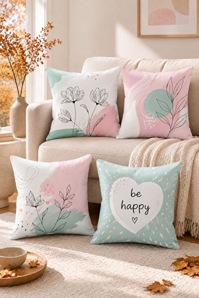 Moud's مجموعة مودز المكونة من 4 أغطية وسائد زخرفية منقوشة بتصميم Be Happy مقا...