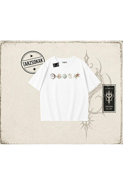 Tarzsokak Ženska majica sa morskim školjkama, oversize, unisex, bela