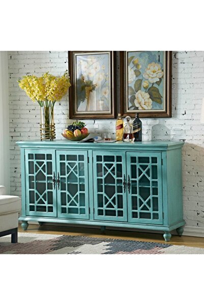 Crestview Collection خزانة جانبية من ميندنهال 4 بأبواب زجاجية هندسية مزخرفة ب...