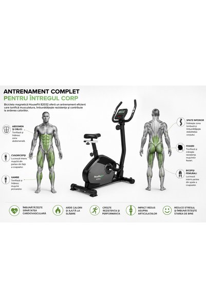 Housefit Bicicleta Magnetica Fitness HB-82032, Volanta 8 kg, Display LCD, 8 Niveluri de Rezistenta, Monitorizare Puls, Sa Reglabila, Suport Telefon/Tableta, Max. 150 kg