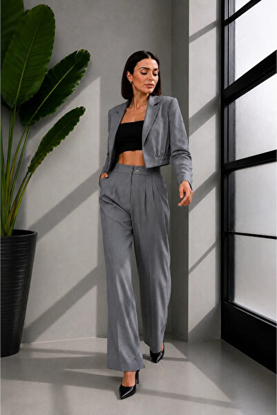 Moda Algan Crop Blazer Takım MA10028 Gri