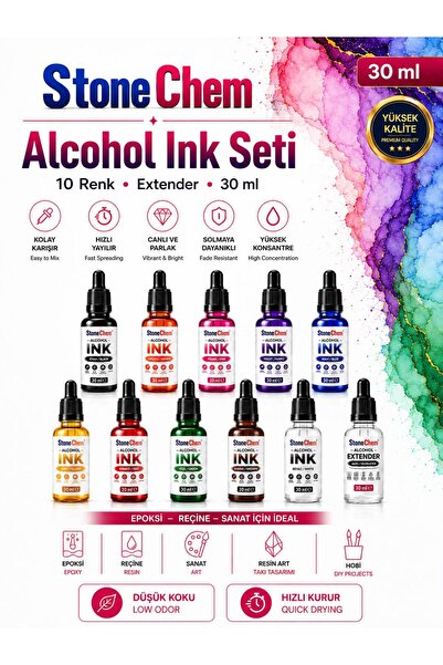 stonechem Alcohol Ink Seti 10 Renk + 1 Extender 30 ml Epoksi Reçine Pigment B...