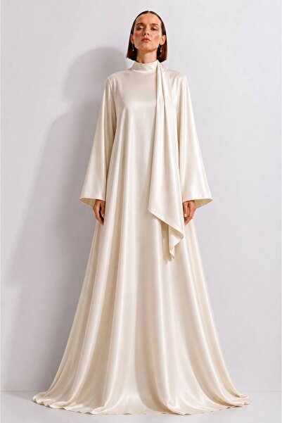 ROLLINDA STUDIO Yakadan Sabit Şal Detaylı A-Kesim Maxi Saten Şık Abaya Elbise