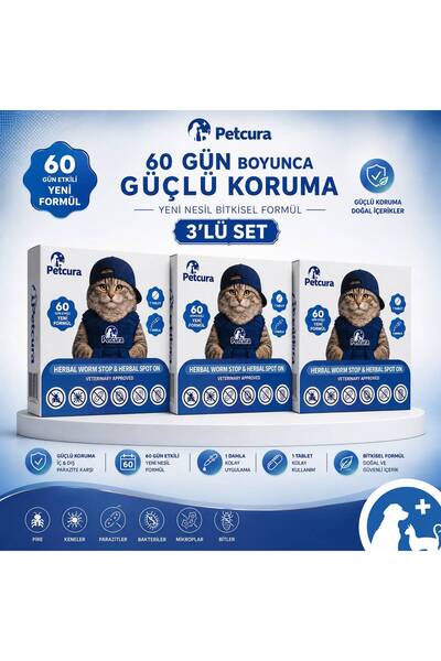 PETCURA 3 x Herbal Worm Stop Tablet + Herbal Spot On Kedi Bakım Seti 3'lü Ava...