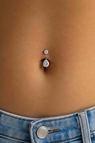 TAKIŞTIR Gümüş Renk Taşlı Cerrahi Çelik Göbek Piercing