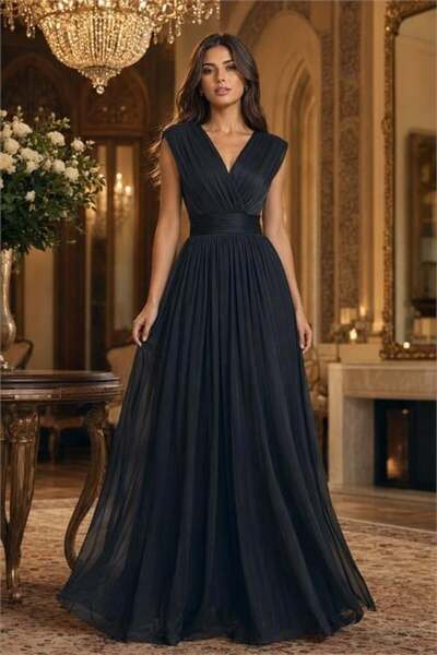 Dipmoda Women's Black Janjan Fabric Double-Breasted Collar Waist Detailed Eve...