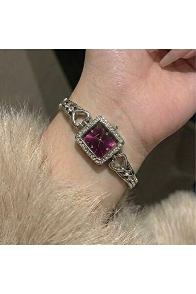 Heda Jewelry Rectangular Watch with Stones - Steel Case Women's Wristwatch