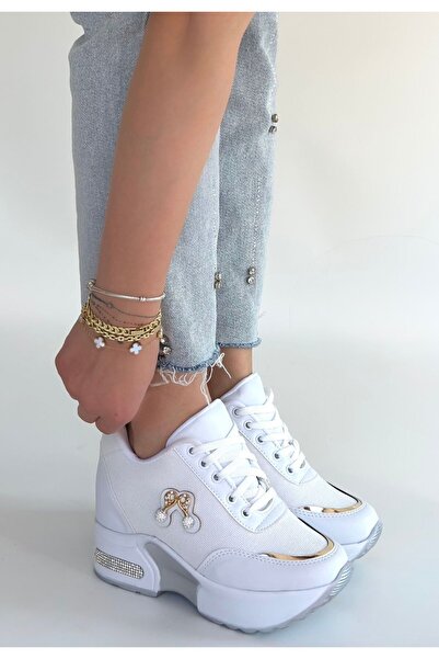 ALFA AKSESUAR 03 Wody White Skin Glitter Lace-Up Sneakers