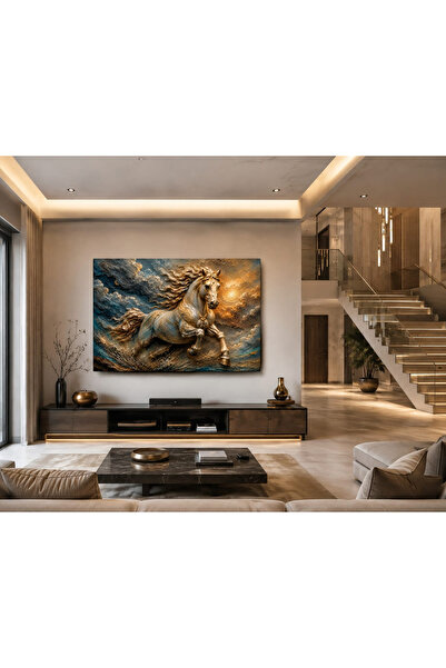 EMİLART Premium 3D Kabartma Görünümlü Şahlanan At Kanvas Tablo Altın Mavi Dok...