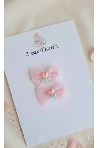 Genel Markalar Açık Pembe Tüllü Mini Fiyonk Klips Toka Klips 3,5 cm