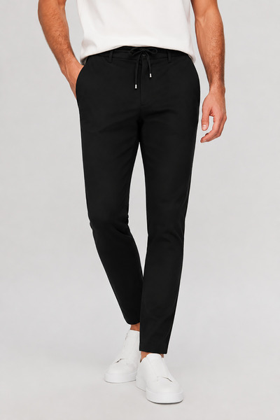 Bossago Pantaloni negri pentru bărbați, slim fit, cu talie elastică și șireturi