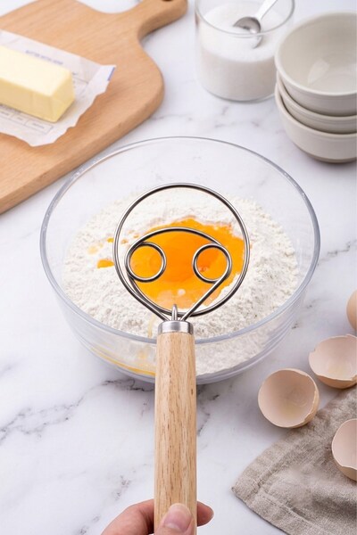 primehome Danish Type Dough Whisk - Stainless Steel Flour & Sourdough Mixing Wire with Wooden Handle Type2