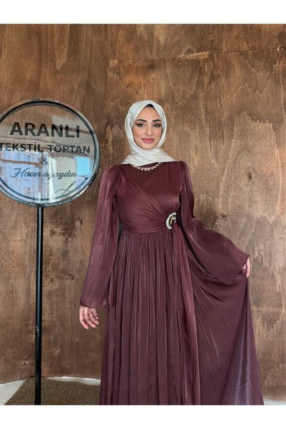 hacer ayaydın Fairy Spanish Sleeves, Draped Bust, Waist Detail, Chiffon Hijab Evening Dress