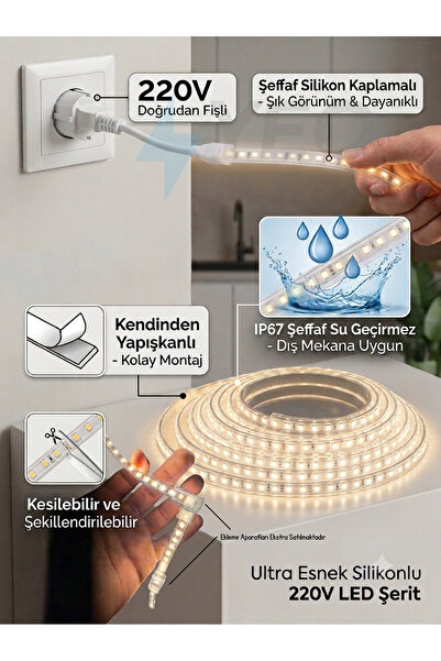YEO AYDINLATMA 220V Doğrudan Fişli Trafosuz Günışığı Şeffaf Silikonlu Şerit L...
