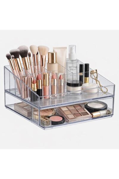 BAMI NETWORK Suport Acrilic Cosmetice cu 2 Niveluri, Transparent, 24x20x12.5c...