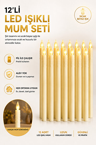 RAYLAX 12'li LED Işıklı Mum Seti Pilli Sıcak Beyaz Dekoratif Şam Mum