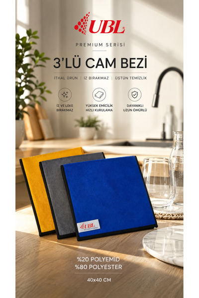 UBL Premium mikrofiber cam bezi 3'lü (sarı-gri-mavi)