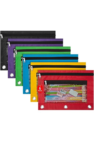 STARSTAR 6-Pack 3-Hole Binder Pencil Cases with Zipper Classroom Stationery Box