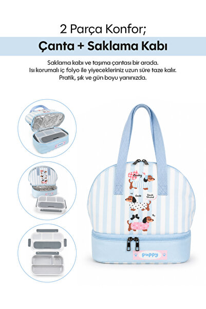 Ecrou Sevimli Köpek Temalı Yemek Çantası Mavi