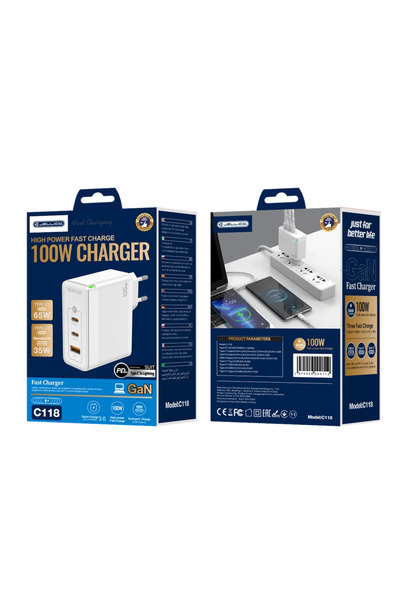 JELLICO Încărcător C118 GaN PD 100W 2xUSB-C 1xUSB QC3.0 Pentru Apple Cu cablu