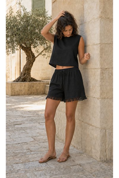 Rokka Moda Sleeveless Crop Tulle Detailed Linen Shorts Set